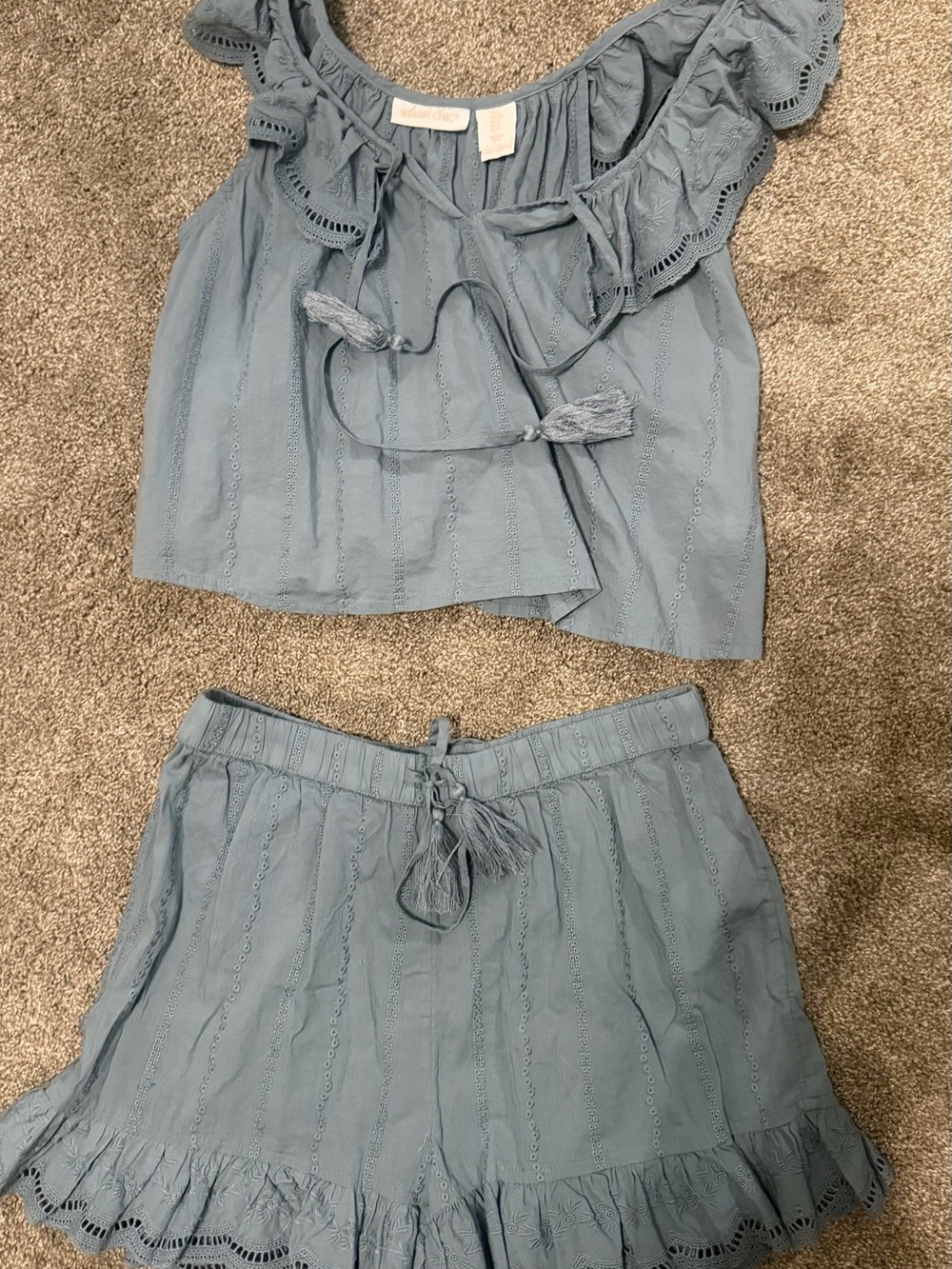 Shabby Chic Dusty Blue Eyelet Ruffle Tank Top